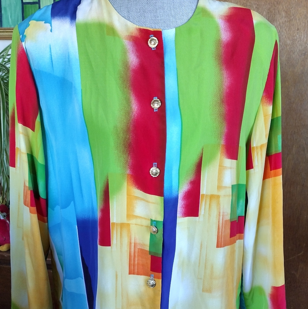 Vintage 80's Brenda Goode Women's Color Block Button Up Blouse Shoulder Pads L